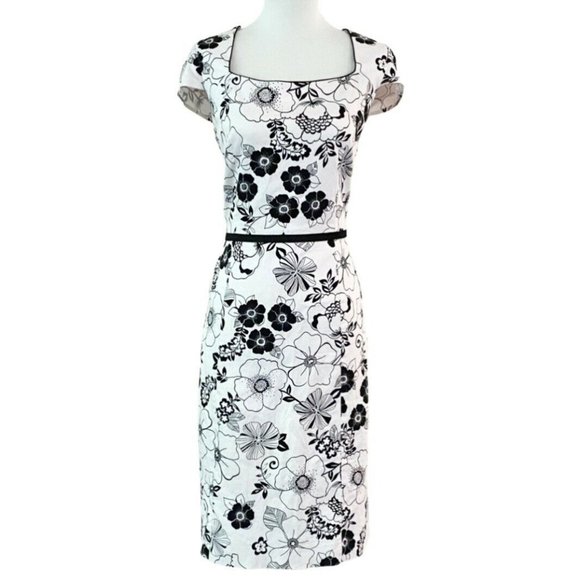 Tahari Dresses & Skirts - Tahari Cap Sleeve Square Neck White-Black Stencil Floral Cotton Dress Size 10